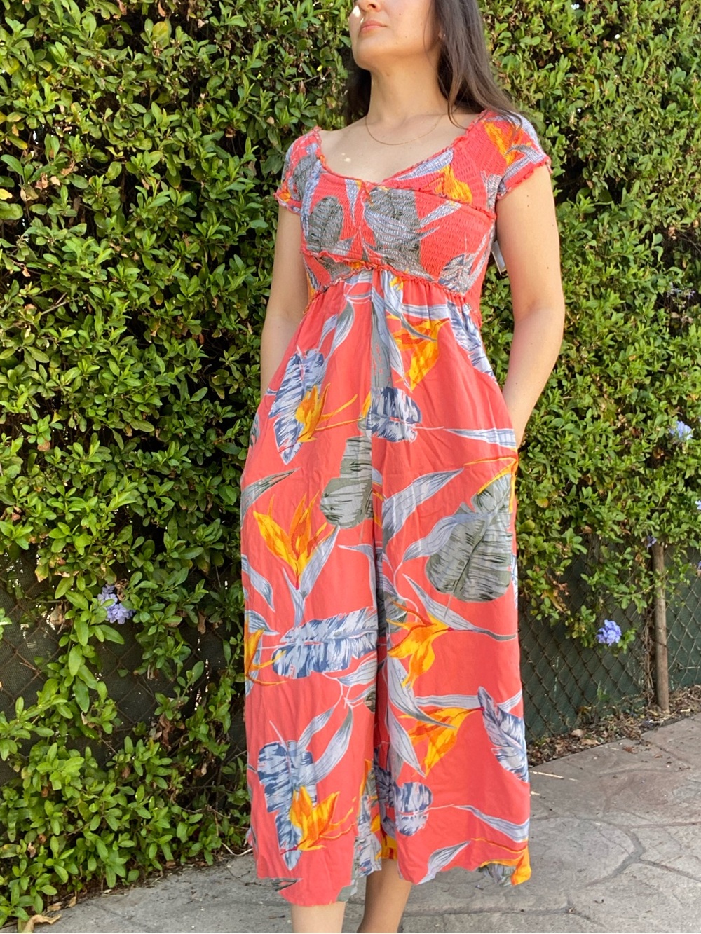 Patrons of Peace Coral Tropical Romper with Yellow & Gray Leaf Print